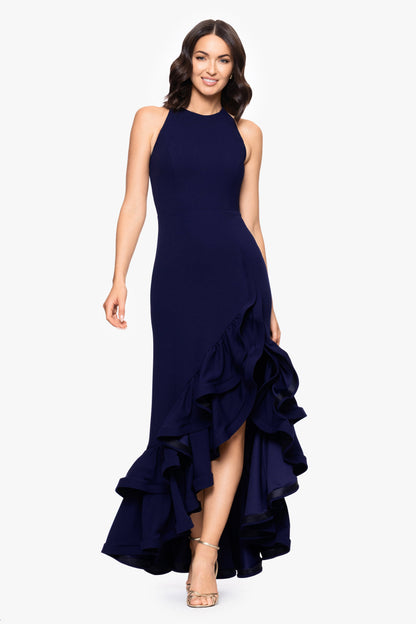 Betsy & Adam "Arielle" Scuba Crepe Ruffle Slit Dress - Night