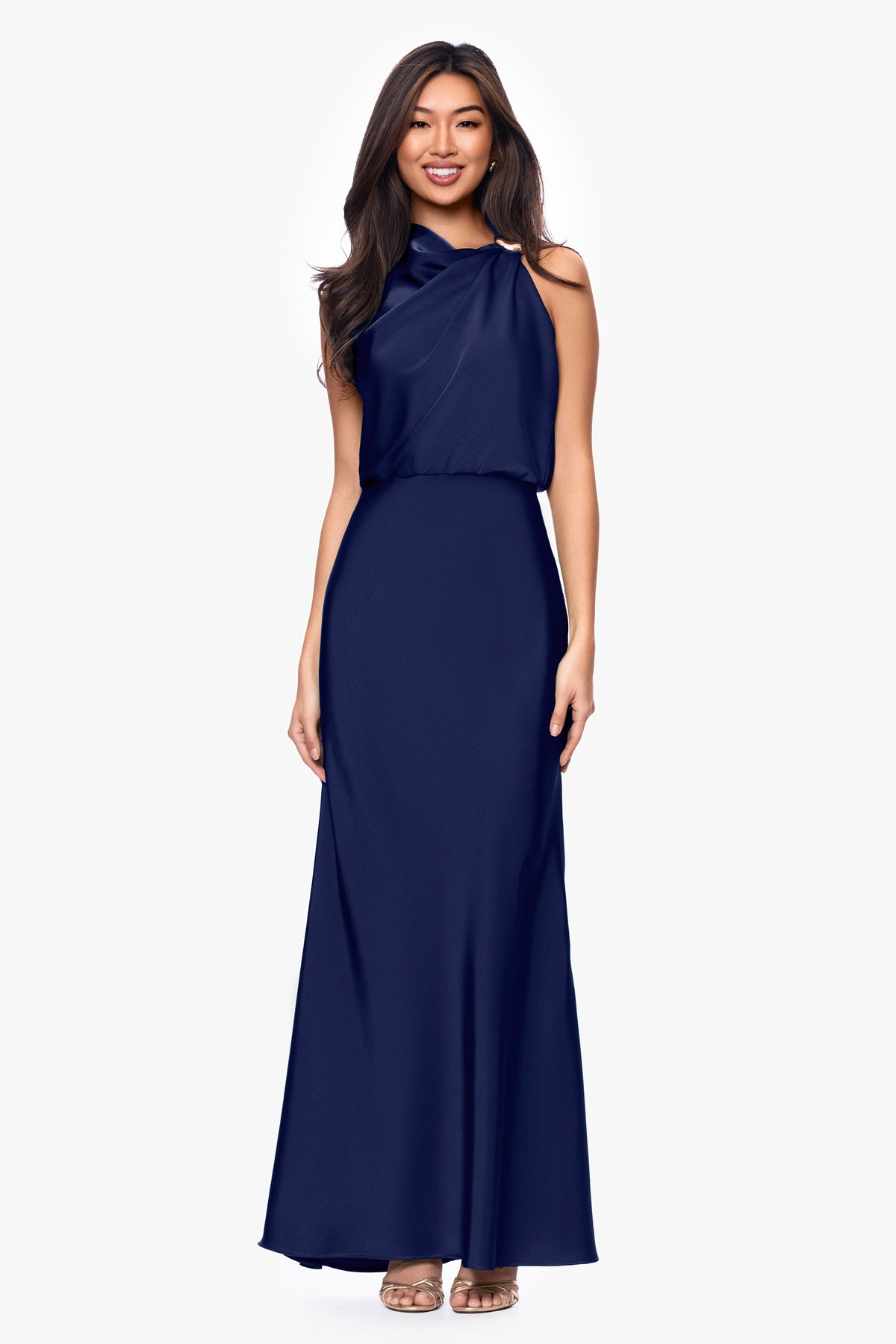 Betsy & Adam Petite "Colette" Satin Ruched Trim Dress - Navy