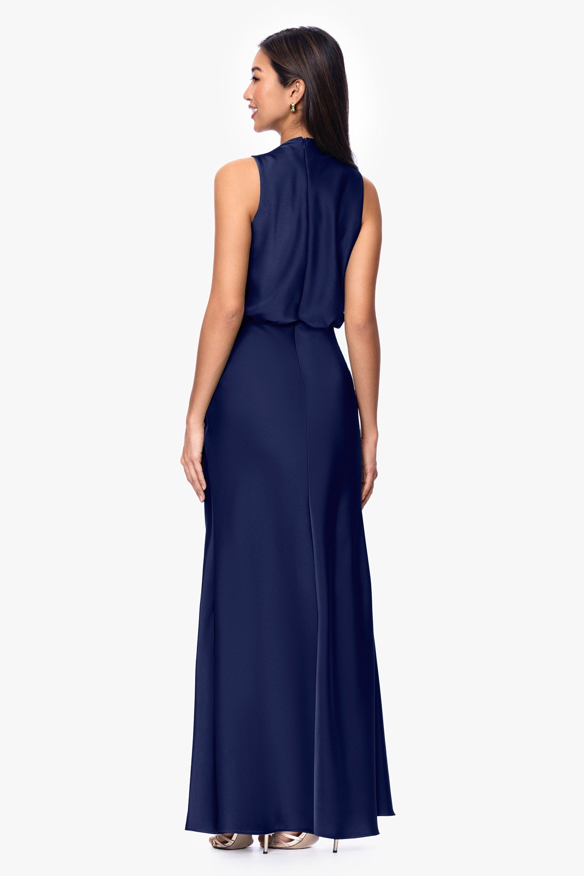 Betsy & Adam Petite "Colette" Satin Ruched Trim Dress - Navy