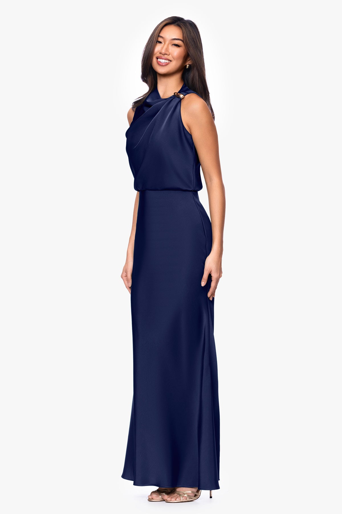 Betsy & Adam Petite "Colette" Satin Ruched Trim Dress - Navy
