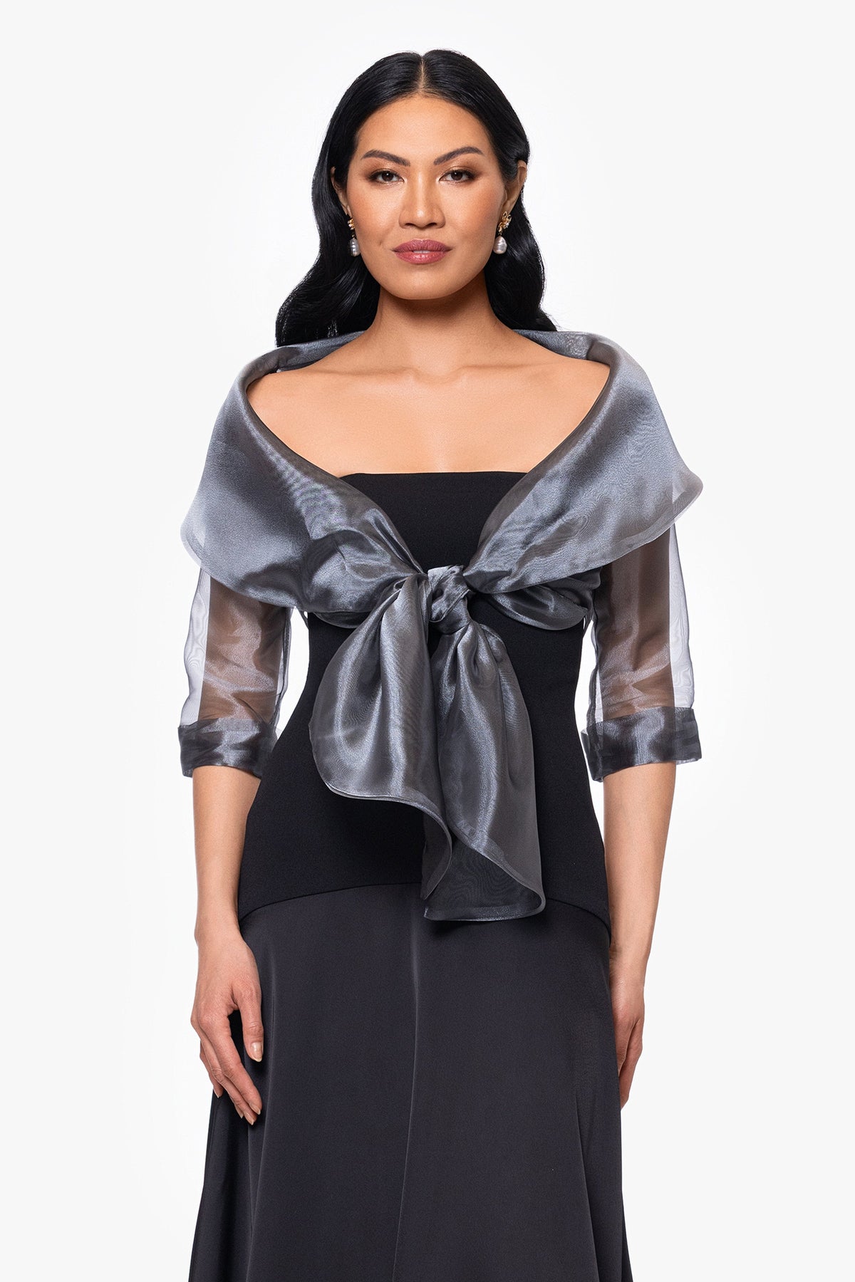 Betsy & Adam "Agnes" Organza 3/4 Sleeve Shawl Wrap - Gunmetal