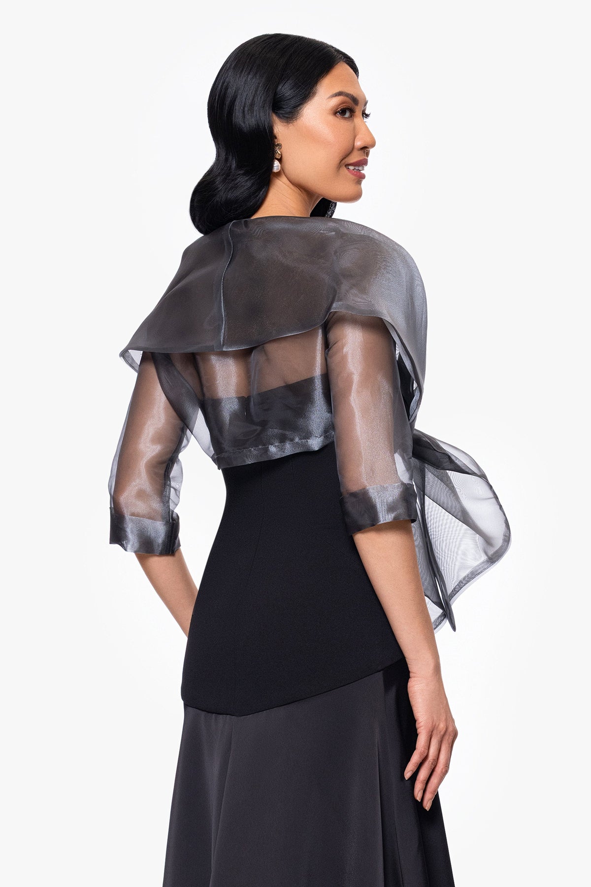 Betsy & Adam "Agnes" Organza 3/4 Sleeve Shawl Wrap - Gunmetal