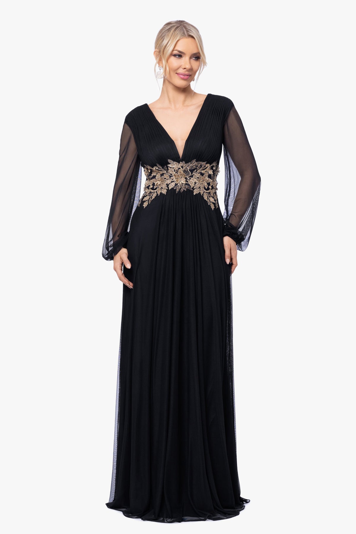 Betsy & Adam "Rebecca" Mesh Long Sleeve Dress - Black/Gold