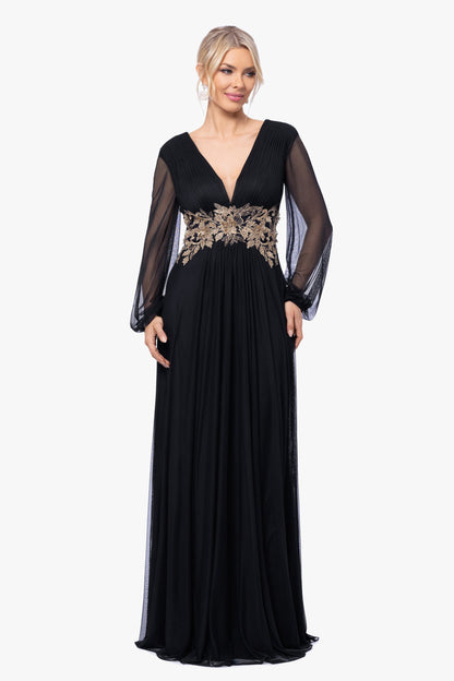 Betsy & Adam "Rebecca" Mesh Long Sleeve Dress - Black/Gold