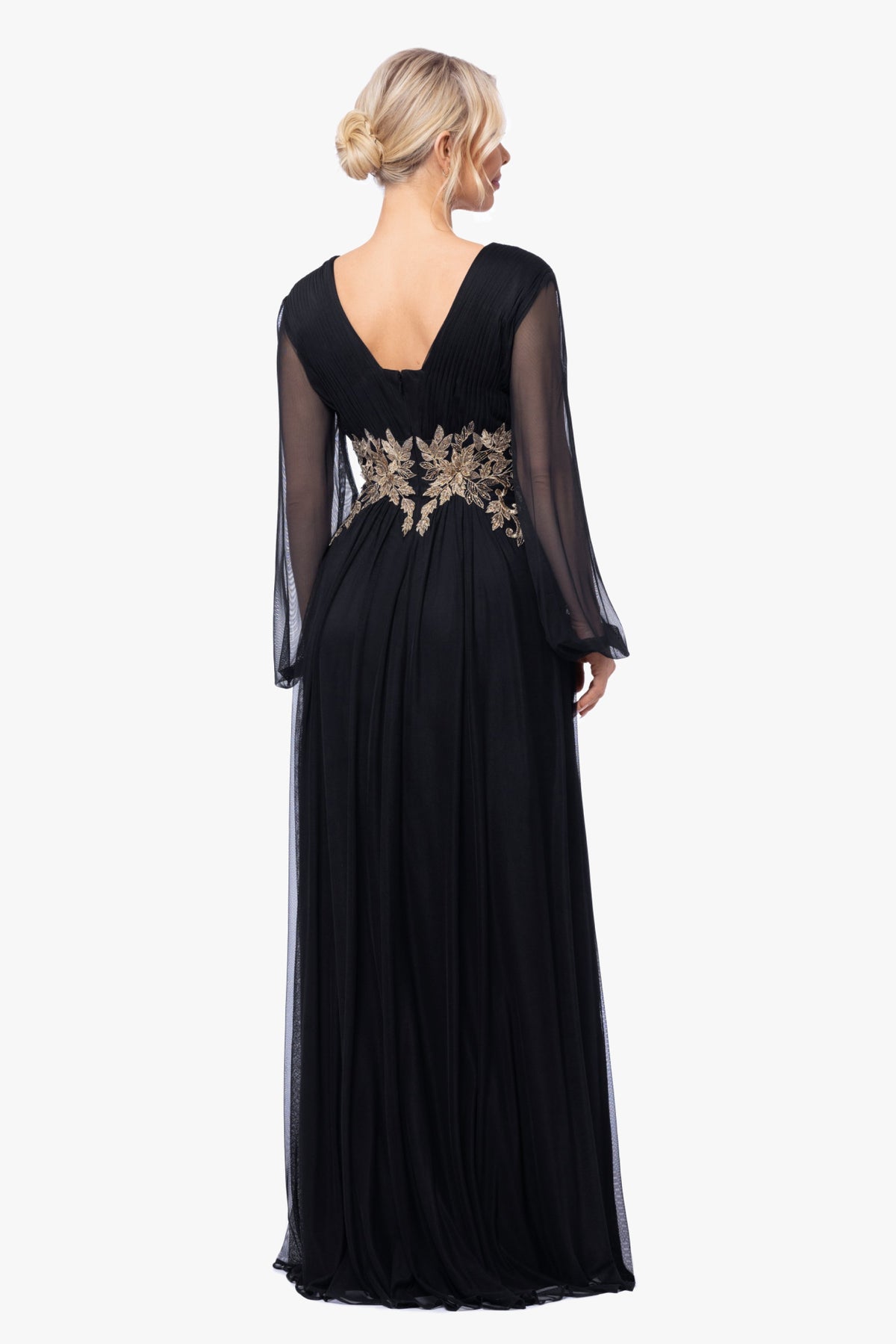 Betsy & Adam "Rebecca" Mesh Long Sleeve Dress - Black/Gold