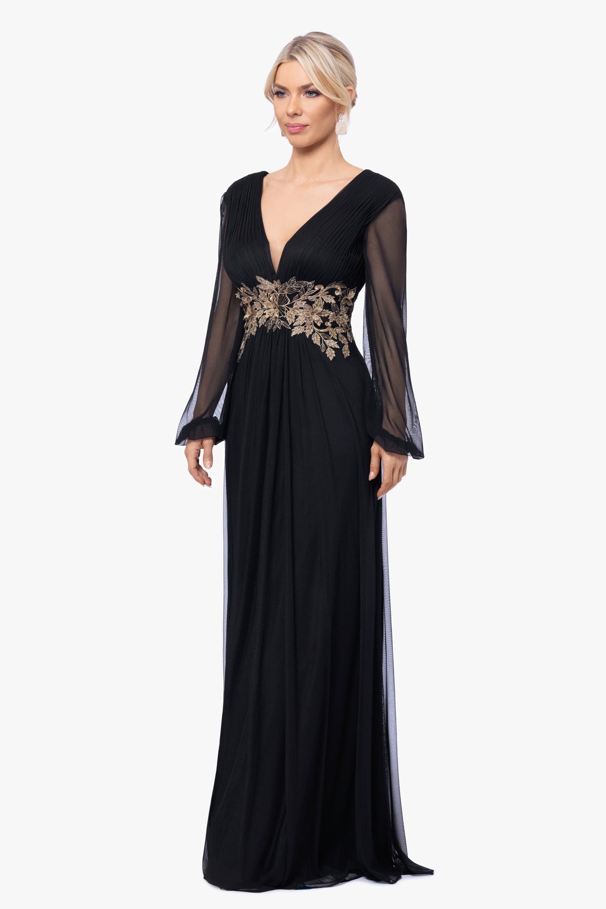 Betsy & Adam "Rebecca" Mesh Long Sleeve Dress - Black/Gold