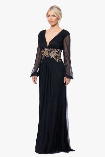 Betsy & Adam "Rebecca" Mesh Long Sleeve Dress - Black/Gold