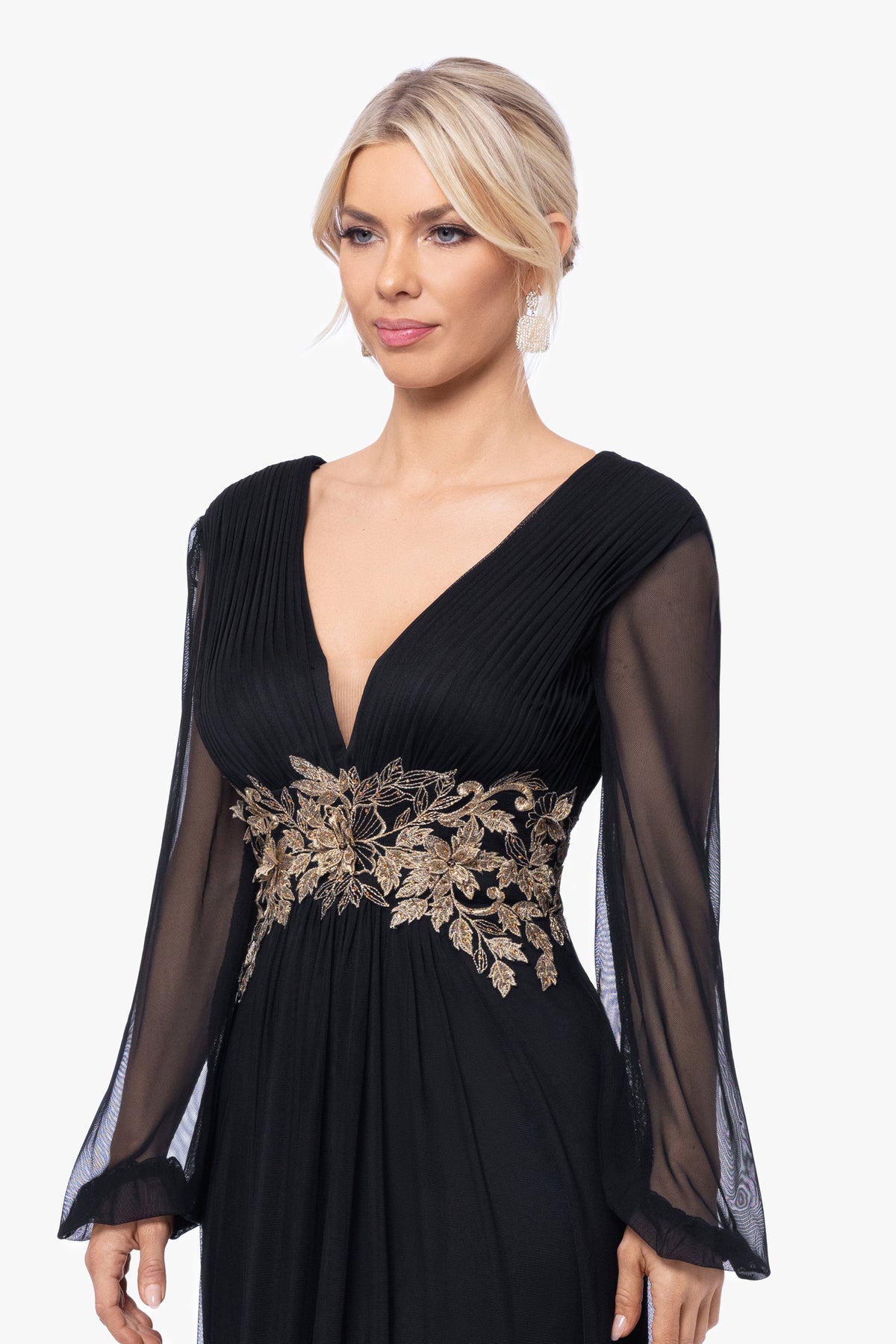 Betsy & Adam "Rebecca" Mesh Long Sleeve Dress - Black/Gold