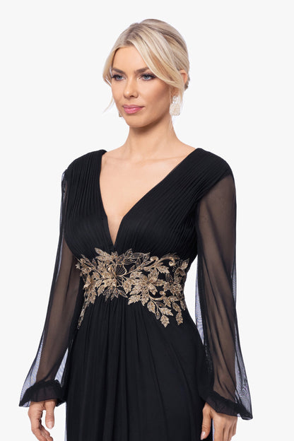 Betsy & Adam "Rebecca" Mesh Long Sleeve Dress - Black/Gold