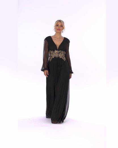 Betsy & Adam "Rebecca" Mesh Long Sleeve Dress - Black/Gold