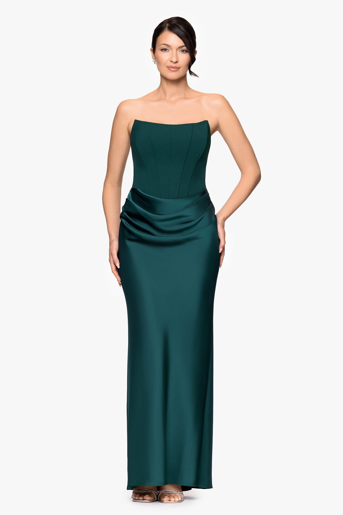 Betsy & Adam "Debra" Scuba Crepe & Satin Strapless Dress - Pine