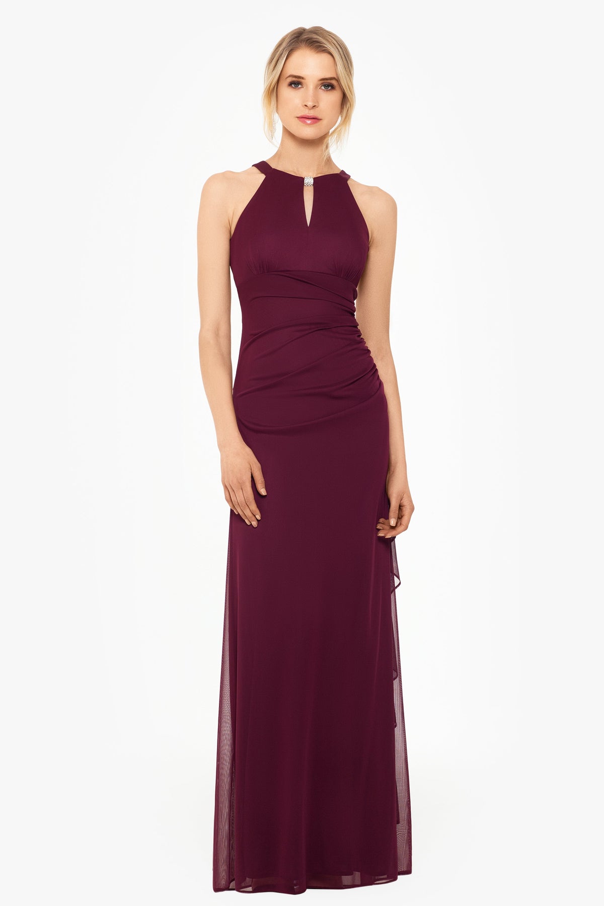 Betsy & Adam “Petra” Sheer Matte Jersey Knit Key Hole Dress - Garnet