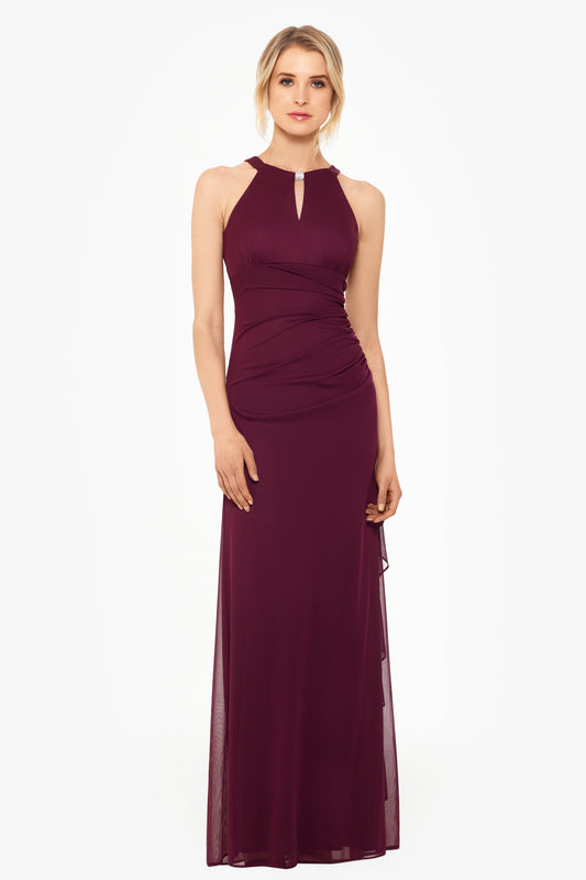 Betsy & Adam “Petra” Sheer Matte Jersey Knit Key Hole Dress - Garnet