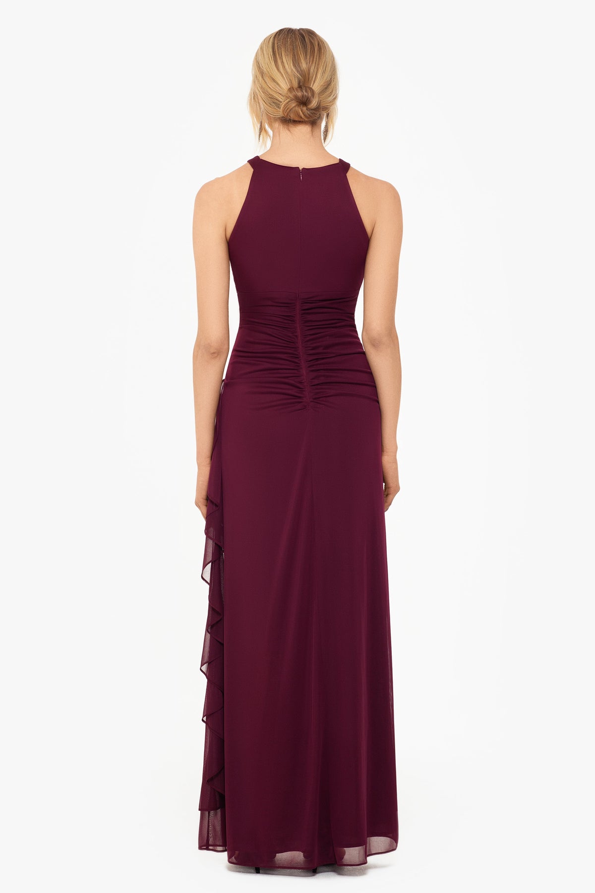 Betsy & Adam “Petra” Sheer Matte Jersey Knit Key Hole Dress - Garnet