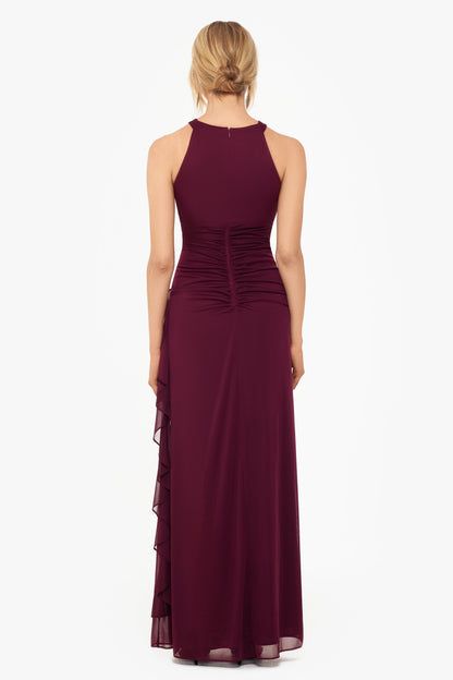 Betsy & Adam “Petra” Sheer Matte Jersey Knit Key Hole Dress - Garnet