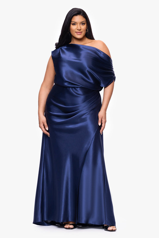 Betsy & Adam Plus "Sofia" Satin Drop Shoulder Dress - Navy