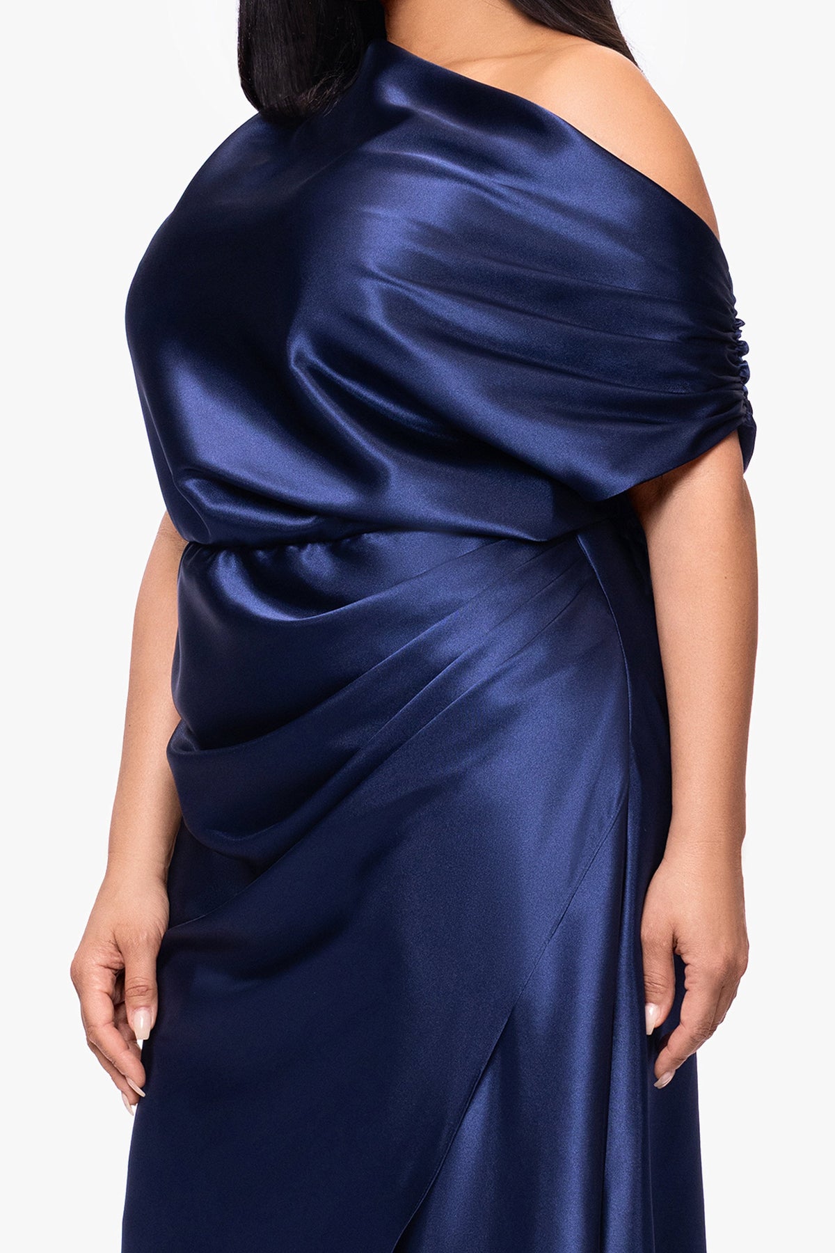 Betsy & Adam Plus "Sofia" Satin Drop Shoulder Dress - Navy