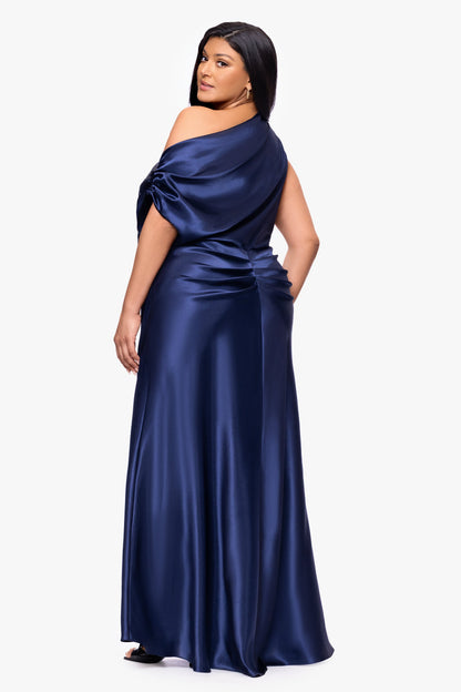 Betsy & Adam Plus "Sofia" Satin Drop Shoulder Dress - Navy