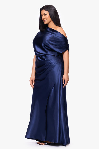 Betsy & Adam Plus "Sofia" Satin Drop Shoulder Dress - Navy