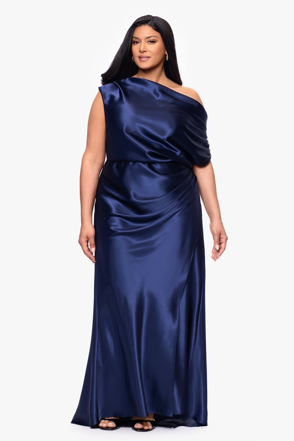 Betsy & Adam Plus "Sofia" Satin Drop Shoulder Dress - Navy