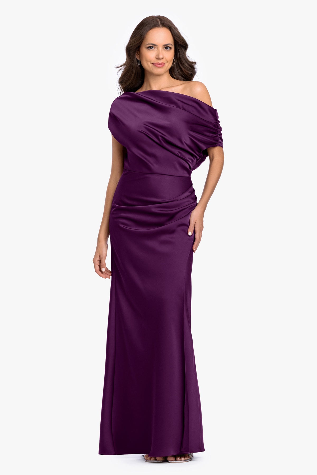 Betsy & Adam “Hailey” Double Faced Satin Off The Shoulder Ruched Dress - Plum