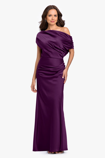 Betsy & Adam “Hailey” Double Faced Satin Off The Shoulder Ruched Dress - Plum