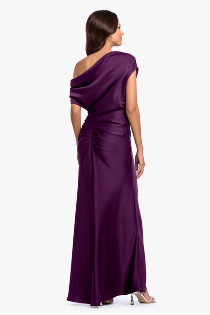 Betsy & Adam “Hailey” Double Faced Satin Off The Shoulder Ruched Dress - Plum