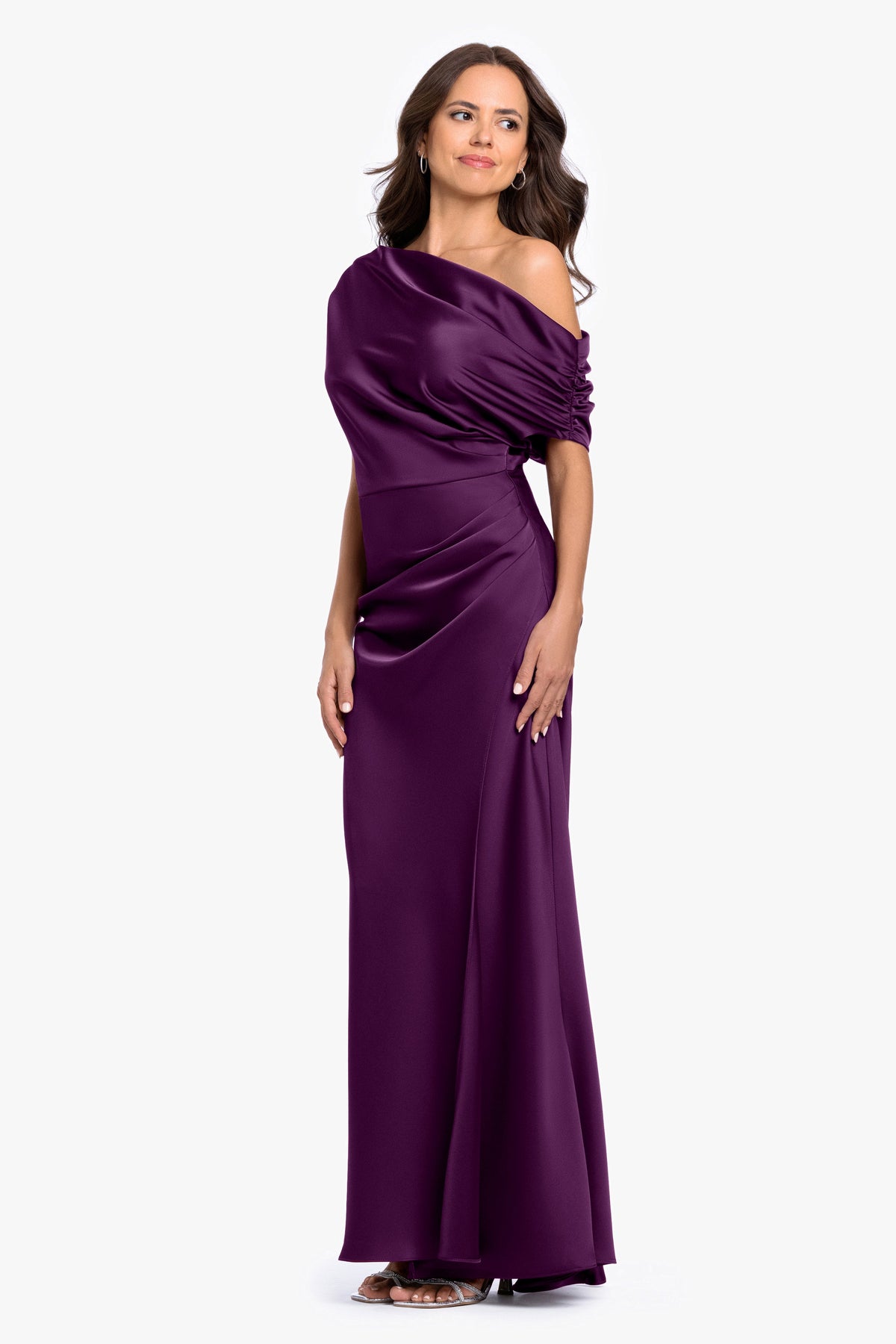 Betsy & Adam “Hailey” Double Faced Satin Off The Shoulder Ruched Dress - Plum