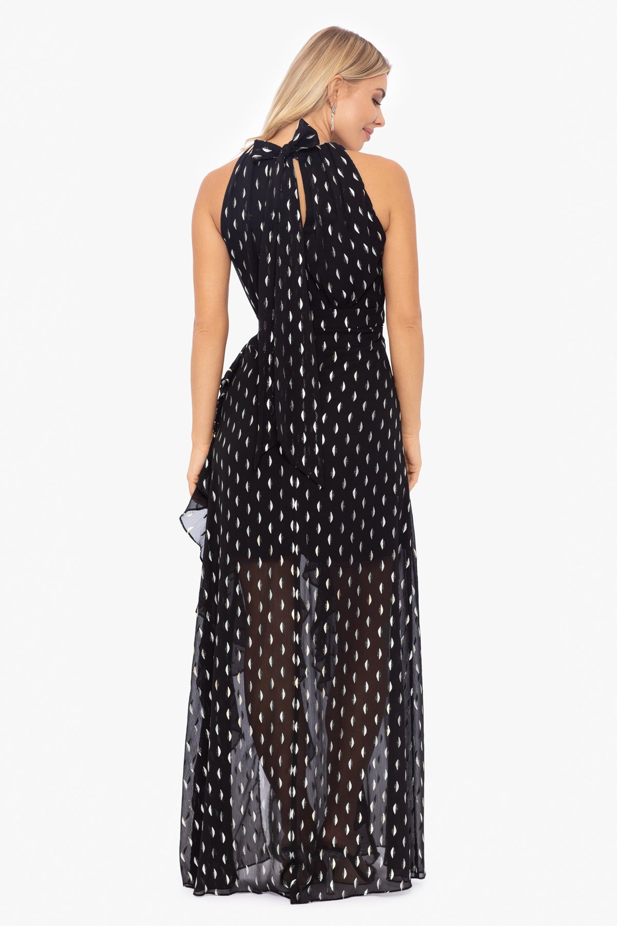 Betsy & Adam "Karina" Chiffon Foil Ruffle Tie Neck Dress - Black/Gold