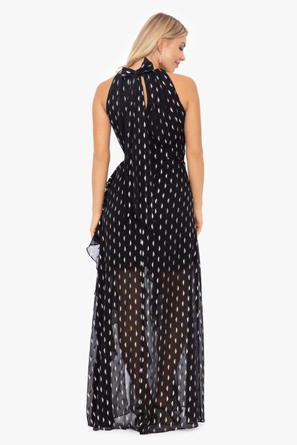 Betsy & Adam "Karina" Chiffon Foil Ruffle Tie Neck Dress - Black/Gold