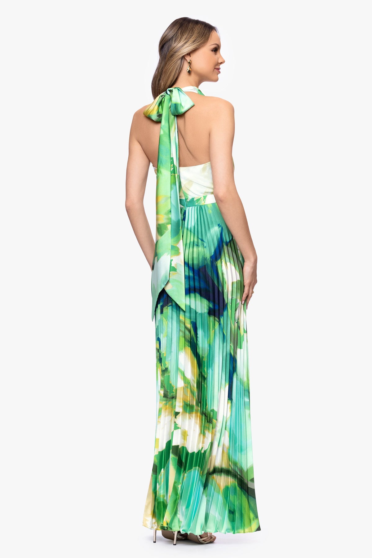 Betsy & Adam Petite "Brynn" Satin Cowl Neck Pleated Skirt Dress - Green/Multi