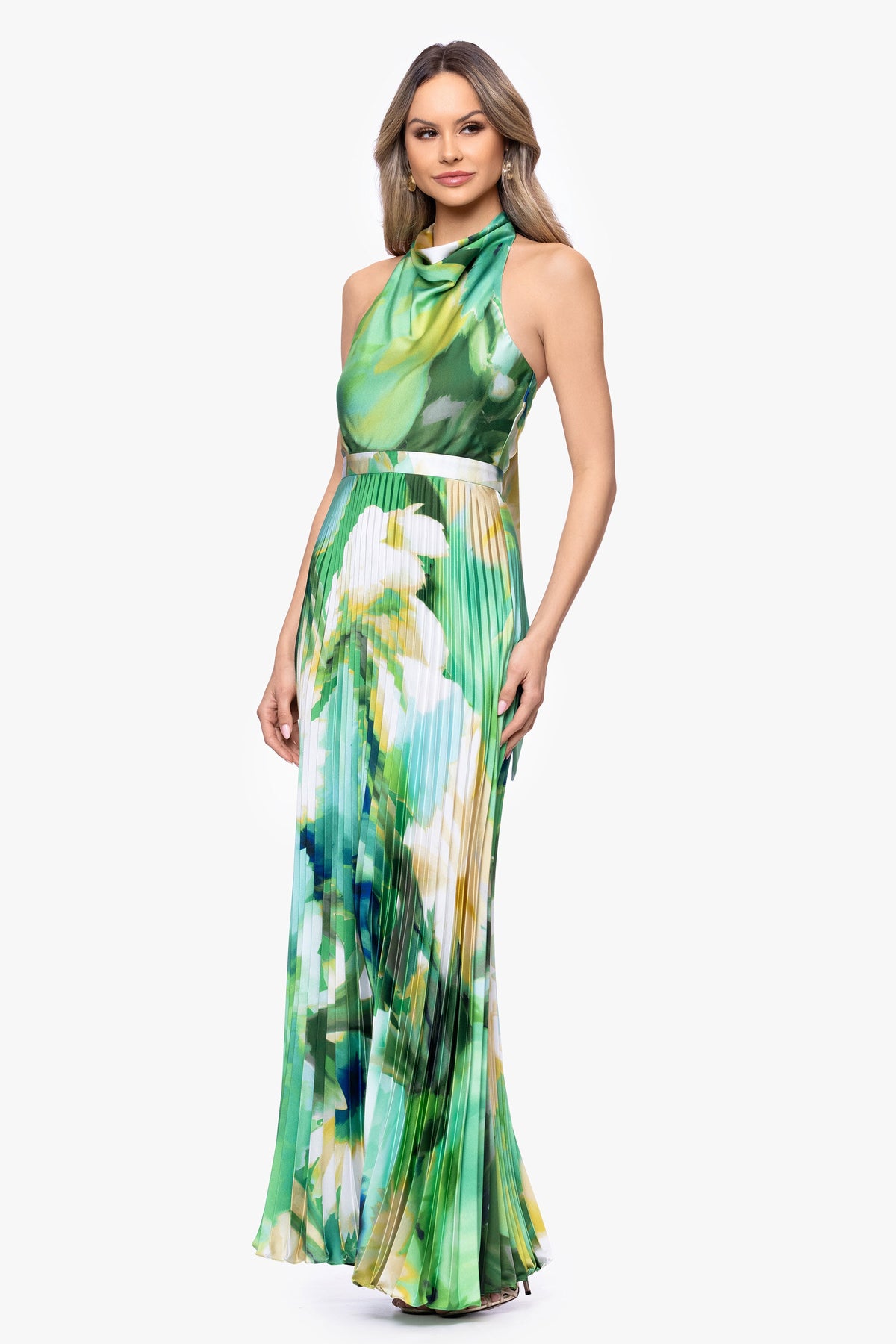 Betsy & Adam Petite "Brynn" Satin Cowl Neck Pleated Skirt Dress - Green/Multi
