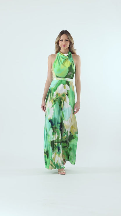 Betsy & Adam Petite "Brynn" Satin Cowl Neck Pleated Skirt Dress - Green/Multi