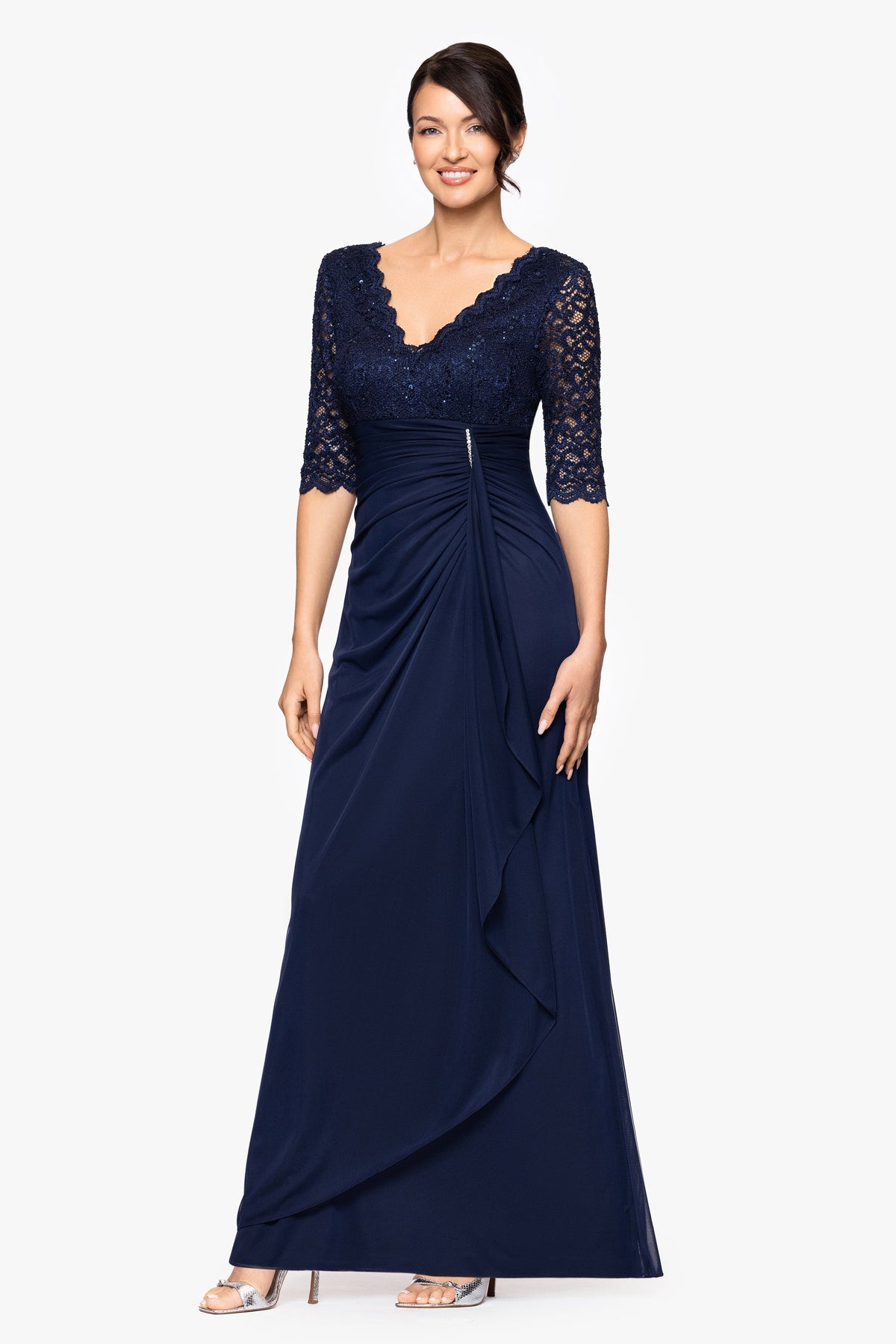 Betsy & Adam Petite "Johanna" Sheer Matte Jersey 3/4 Sleeve Dress - Navy