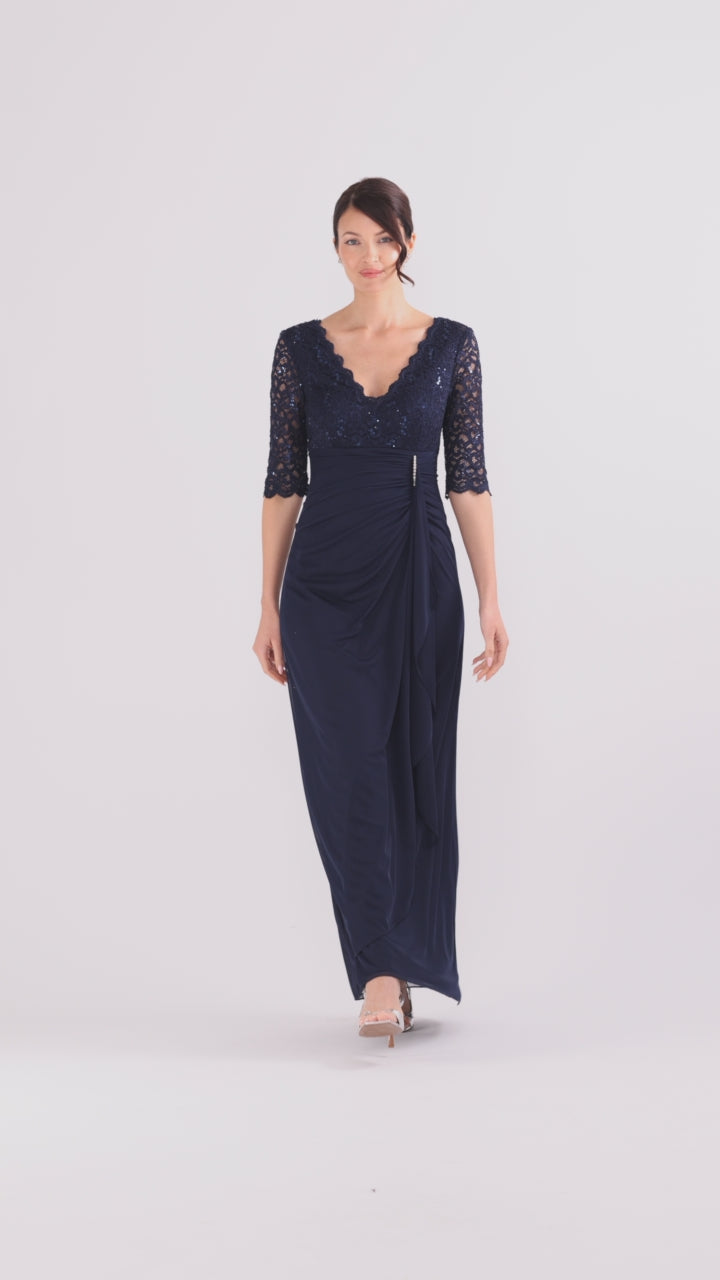 Betsy & Adam Petite "Johanna" Sheer Matte Jersey 3/4 Sleeve Dress - Navy