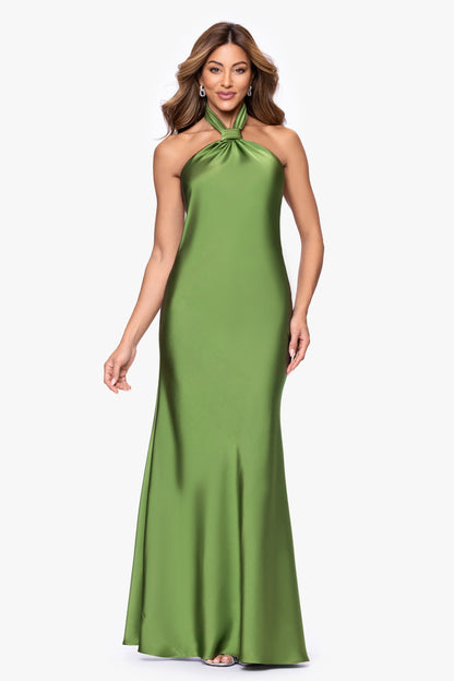Betsy & Adam "Esmerelda" Satin Double Knotted Halter Neck Dress - Moss