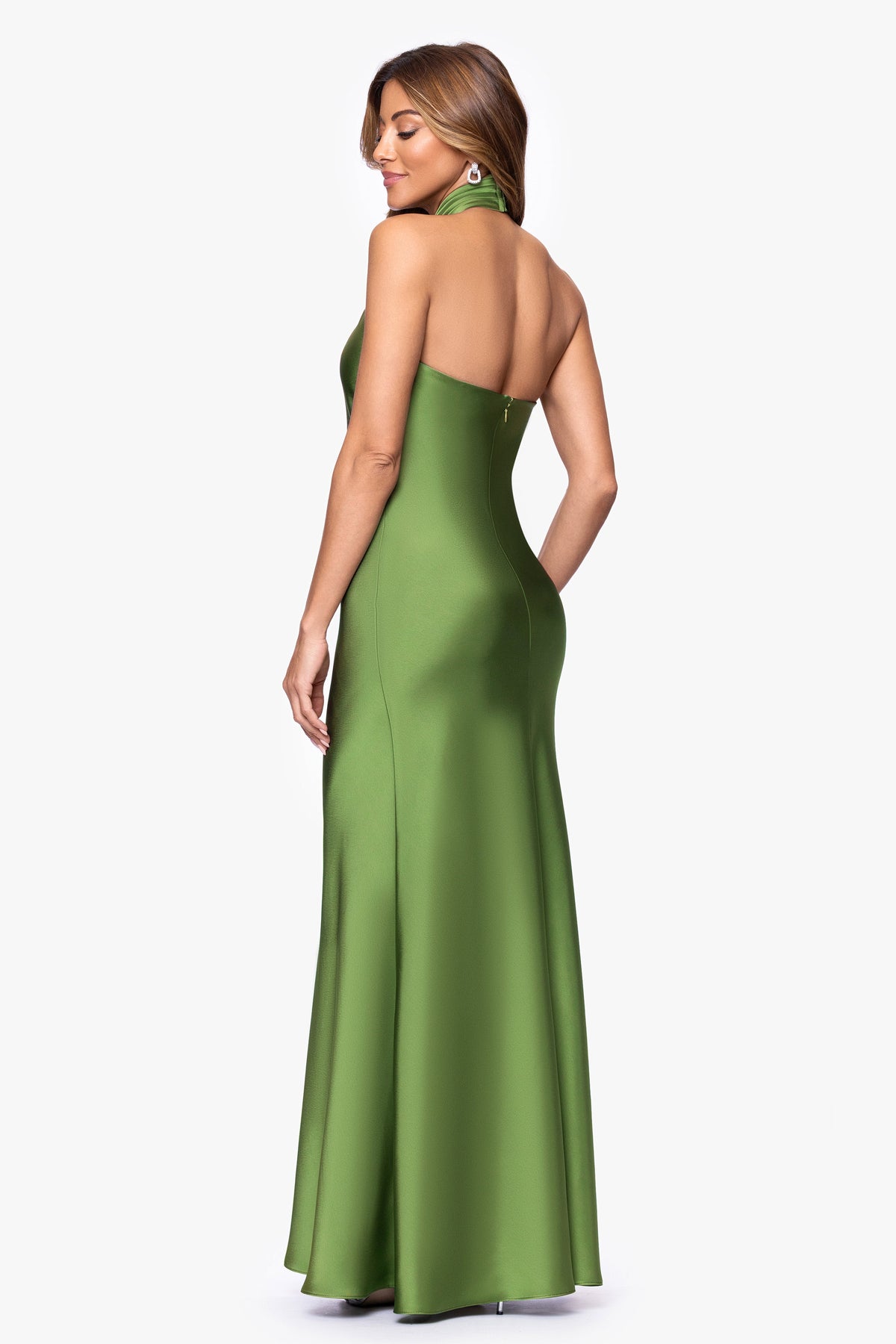 Betsy & Adam "Esmerelda" Satin Double Knotted Halter Neck Dress - Moss