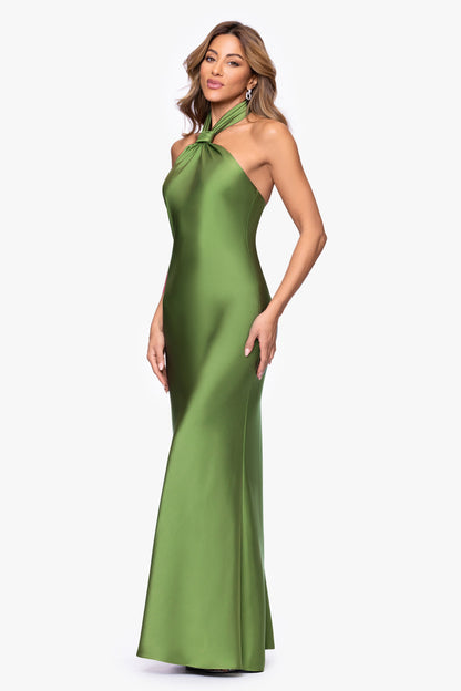Betsy & Adam "Esmerelda" Satin Double Knotted Halter Neck Dress - Moss