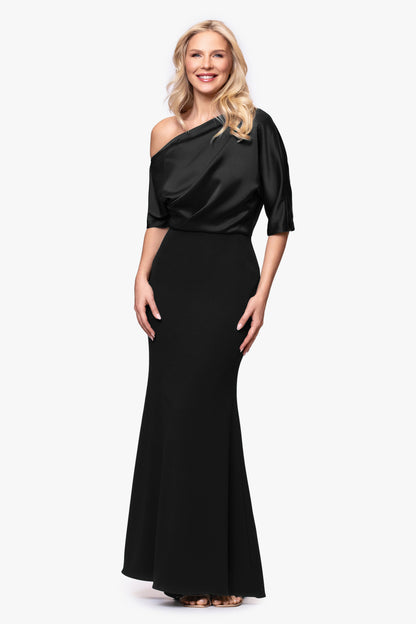 Betsy & Adam "Ana" Scuba Crepe & Satin Drop Shoulder Dress - Black
