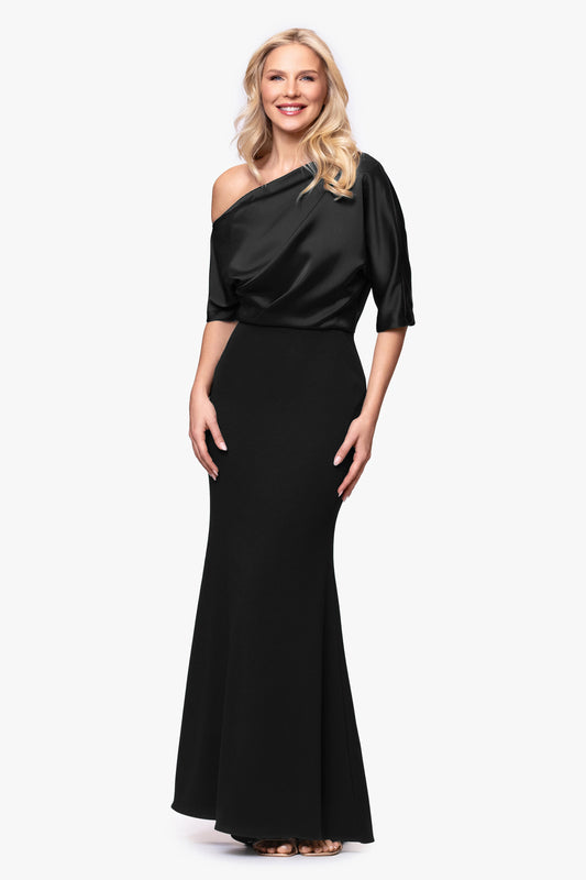 Betsy & Adam "Ana" Scuba Crepe & Satin Drop Shoulder Dress - Black