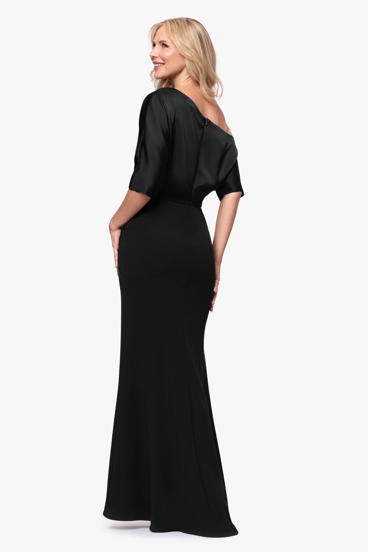 Betsy & Adam "Ana" Scuba Crepe & Satin Drop Shoulder Dress - Black