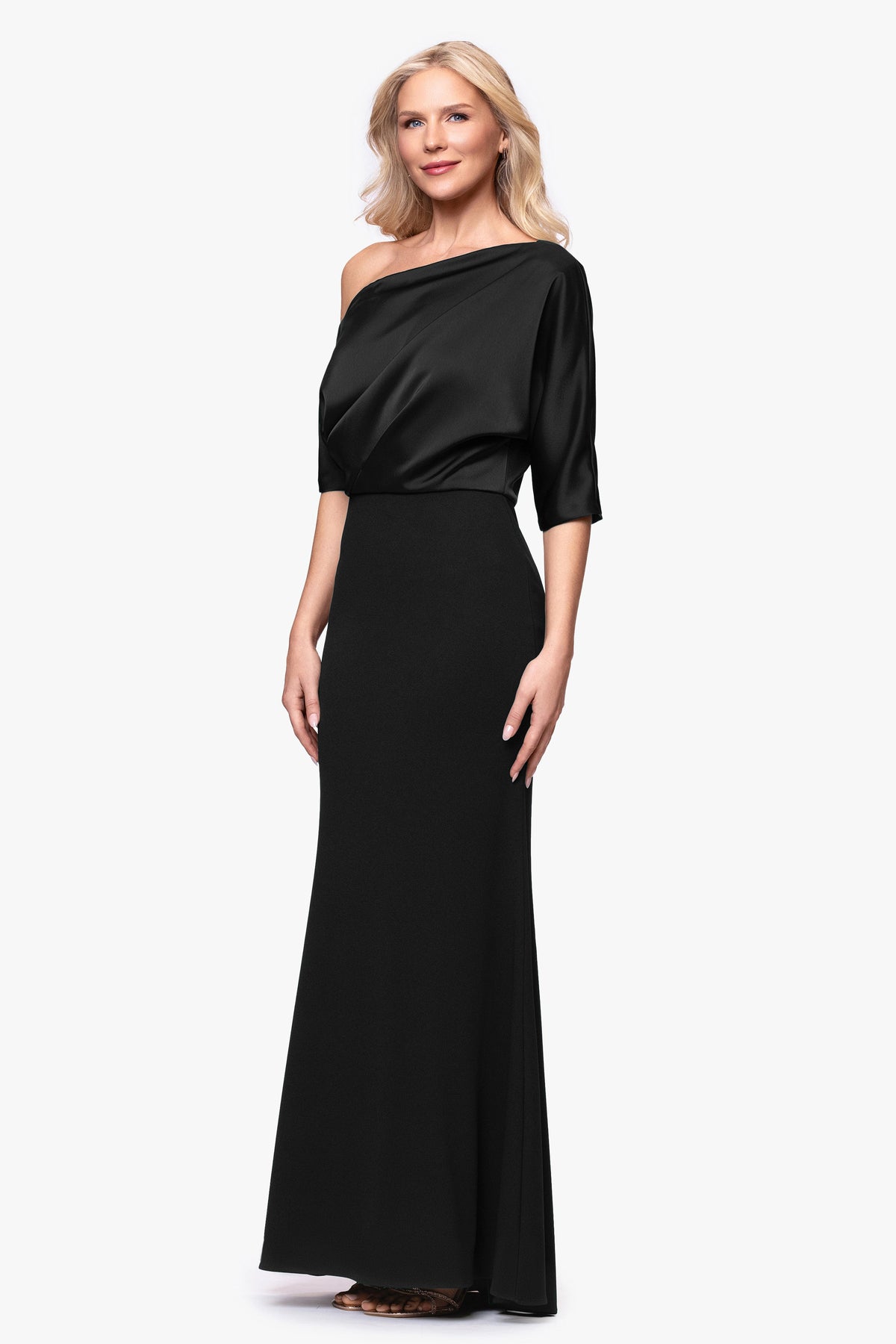 Betsy & Adam "Ana" Scuba Crepe & Satin Drop Shoulder Dress - Black