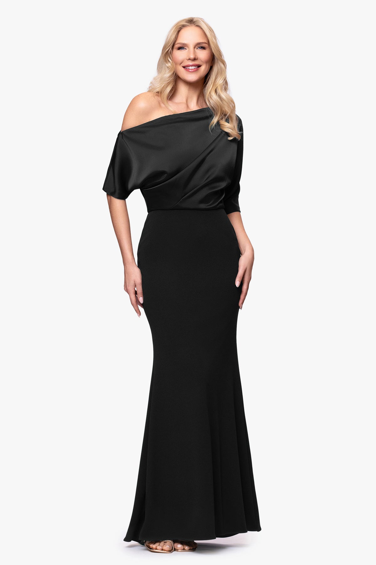 Betsy & Adam "Ana" Scuba Crepe & Satin Drop Shoulder Dress - Black