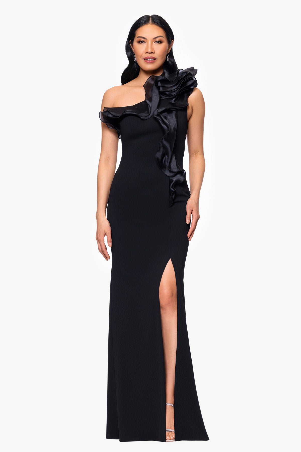 Betsy & Adam "Drea" Scuba Crepe Drop Shoulder Ruffle Dress - Black