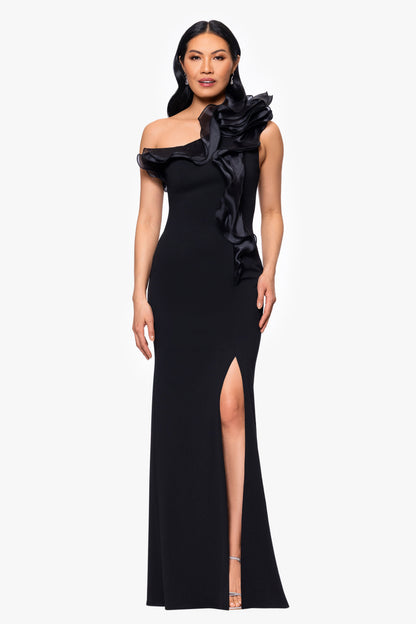 Betsy & Adam "Drea" Scuba Crepe Drop Shoulder Ruffle Dress - Black