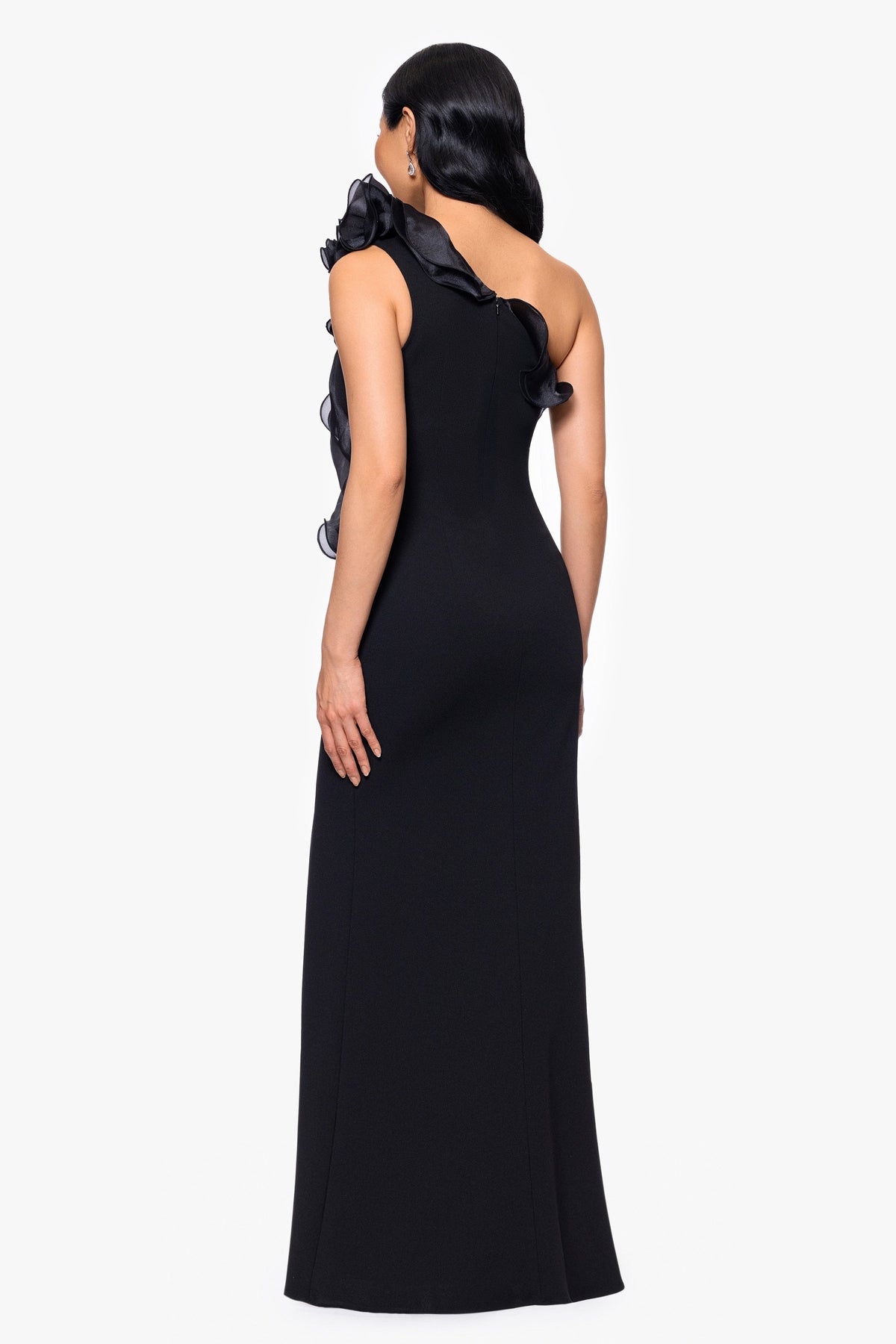 Betsy & Adam "Drea" Scuba Crepe Drop Shoulder Ruffle Dress - Black