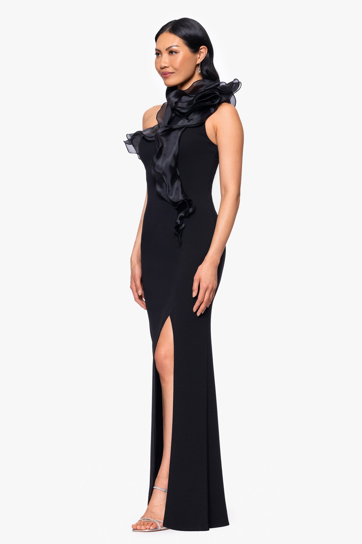 Betsy & Adam "Drea" Scuba Crepe Drop Shoulder Ruffle Dress - Black