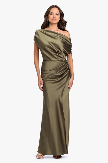 Betsy & Adam “Hailey” Double Faced Satin Off The Shoulder Ruched Dress - Olive
