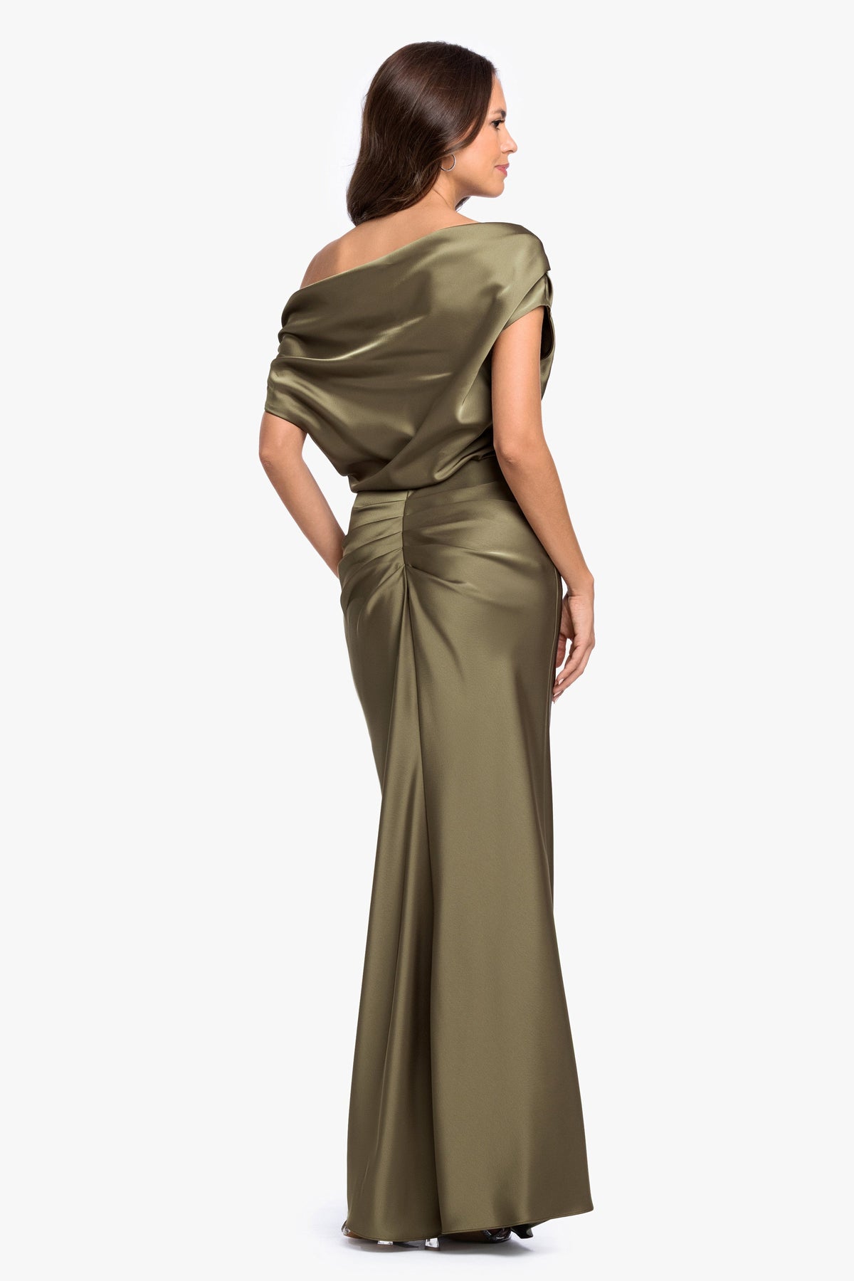 Betsy & Adam “Hailey” Double Faced Satin Off The Shoulder Ruched Dress - Olive