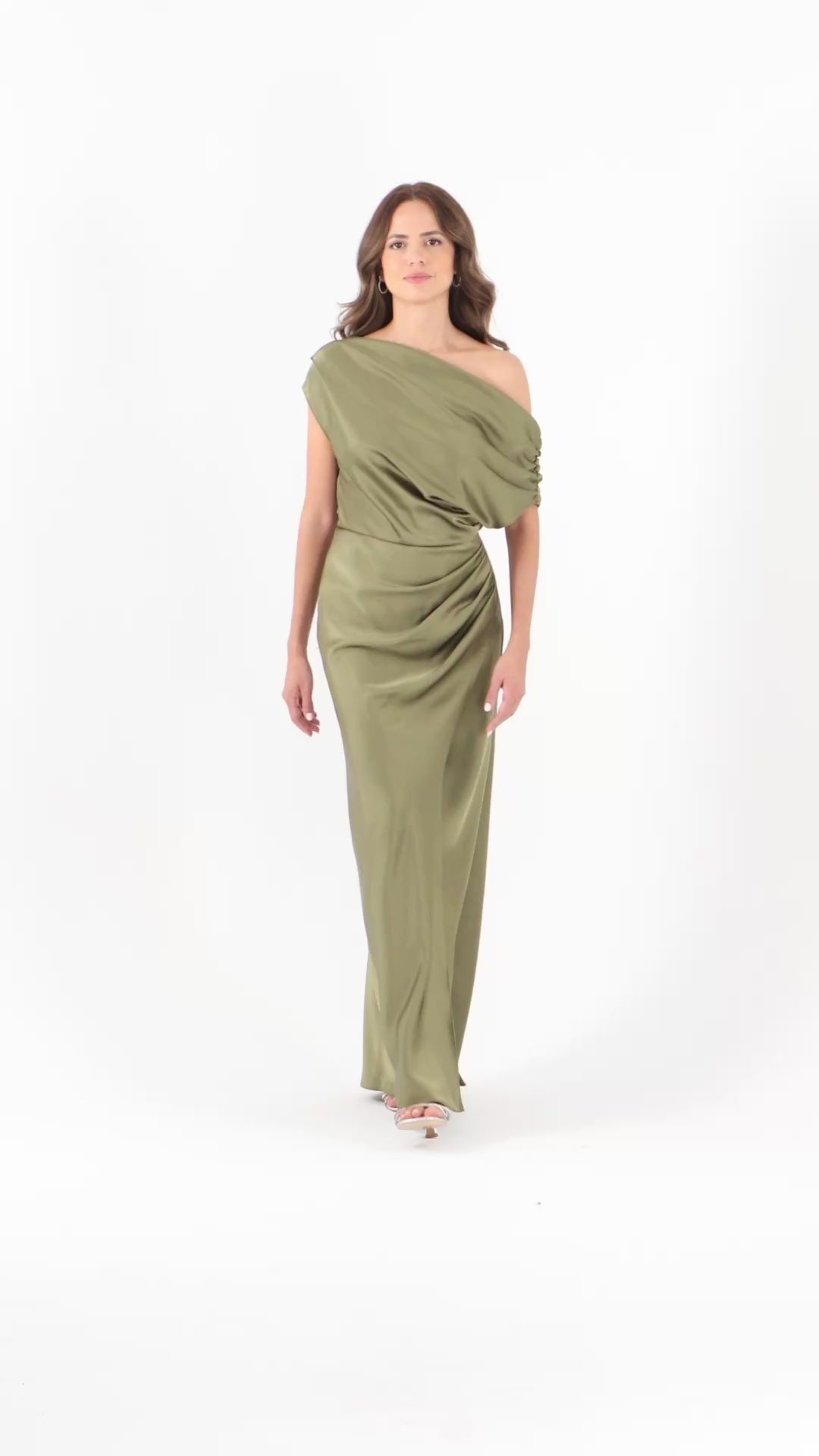 Betsy & Adam “Hailey” Double Faced Satin Off The Shoulder Ruched Dress - Olive